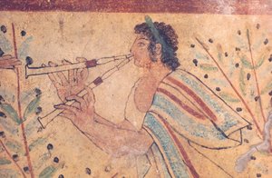 Arte etrusca: un suonatore di flauto (dettaglio)