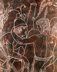 Arte etrusca: dettaglio del Cista Ficoroni in bronzo rappresentante la leggenda degli Argonauti. Da Preneste (Palestrina). 340 a.C. Museo Nazionale di Villa Giulia, Roma da Etruscan
