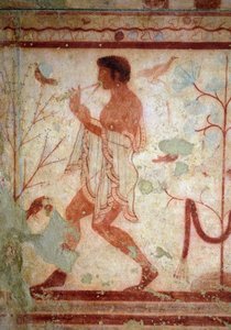 Arte etrusca: affreschi rappresentanti scene di banchetto, dettaglio di un suonatore di flauto. Tomba del Triclinio. V secolo a.C. Museo Archeologico Nazionale di Tarquinia, Italia da Etruscan