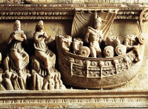 Civiltà etrusca, urna in alabastro, dettaglio del rilievo che raffigura Ulisse e le Sirene da Etruscan
