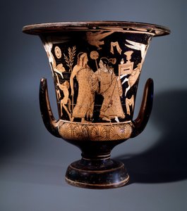 Civiltà etrusca: cratere in terracotta decorato dal pittore di Nazzano rappresentante Apollo e una menade, 350 a.C. Dim 57 cm, dal sito di Civita Castellana da Etruscan