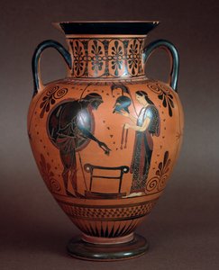 Civiltà etrusca: hydria in terracotta rappresentante Teti che consegna le armi a suo figlio Achille, 550-500 a.C. da Cerveteri, Italia da Etruscan