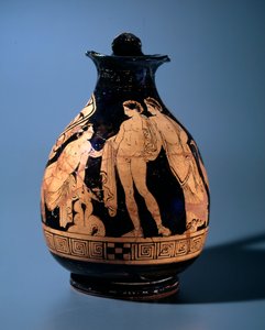 Civiltà etrusca: oinochoe in terracotta decorata dalla bottega del pittore di Alcesti rappresentante un giovane seduto che parla con due altre persone in piedi, 360-340 a.C. da Tarquinia, Italia da Etruscan