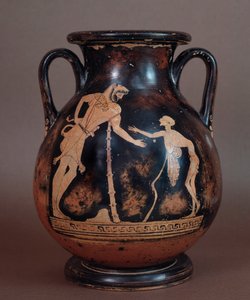 Civiltà etrusca: pelike in terracotta rappresentante Ercole e un vecchio, simbolo della vecchiaia, da Cerveteri, Italia, V-IV secolo a.C.