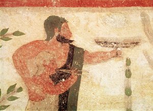 Testa di un uomo e bambino che suona un doppio flauto, dalla Tomba del Barone, c.500 a.C. (dettaglio)