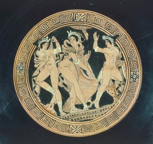 Kylix, dettaglio. Ceramica a figure rosse. Civiltà etrusca, V-IV secolo a.C.