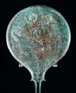 Specchio che raffigura scena di banchetto, manufatto in bronzo da Preneste (Lazio). Civiltà Etrusca, IV secolo a.C. da Etruscan