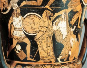 Ceramica a figure rosse, dettaglio di cratere raffigurante Menelao affrontato da Afrodite mentre raggiunge Elena, da Civita Castellana, antica Falerii, provincia di Roma, Italia da Etruscan