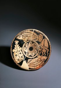Piatto a figure rosse con decorazione di pesci, da Cerveteri