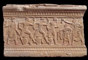 Rilievo con una corsa di atleti da una pietra miliare di marmo di Chiusi, Italia, VI secolo a.C. da Etruscan