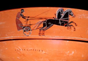 Dettaglio di un vaso in terracotta rappresentante un carro trainato da due cavalli, IV secolo a.C. da Etruscan