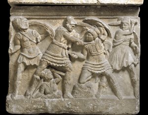 Arte etrusca: “Eteocle e Polinice” i due fratelli, figli di Edipo, bassorilievo di un sarcofago di Chiusi, III secolo a.C. - Palermo, Museo Archeologico Nazionale - Duello tra i fratelli Eteocle e Polinice, figli di Edipo - Bassorilievo, dettaglio da Etruscan Etruscan