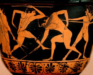 Arte etrusca: pyxis decorata con scena di palestra, atleti che praticano il lancio del giavellotto da Cerveteri. Roma, Museo di Villa Giulia