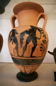 Vaso etrusco a figure nere, dal sito archeologico di Roselle, Toscana, Italia