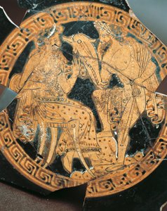 Ceramica a figure rosse, decorazione interna di un cratere raffigurante Poseidone e Anfitrite, civiltà etrusca da Etruscan Etruscan