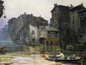 Via della Fiumara allagata a Roma, di Ettore Roesler Franz, acquerello, Italia
