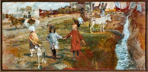 Paesaggio di campagna con bambini e cane, un asino vicino al fiume da Ettore Tito