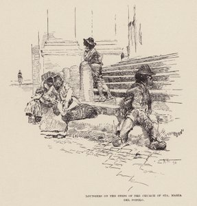 Persone sui gradini della Chiesa di Santa Maria del Popolo (incisione) da Ettore Tito