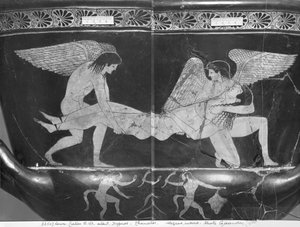 Cratere a calice a figure rosse attiche raffigurante Hypnos e Thanatos che trasportano il corpo di Sarpedonte da Eucharides Painter