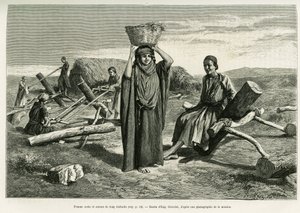 Donna araba e segatori di lunghi dieci foulis. Incisione di Eugene Girardet, per illustrare la storia 