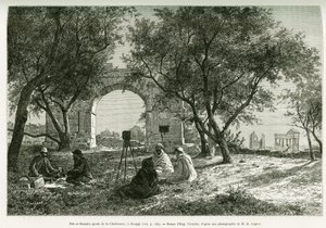 Bab-er-Roumia (Bab er Roumia), porta della donna cristiana, rovine romane a Dougga, picnic di viaggiatori e le loro guide, intorno a una macchina fotografica. Incisione di Eugene Girardet, per illustrare la storia 