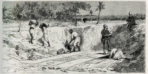 Scavi nel cimitero cristiano di Lamta, con entrambi i responsabili della missione. Incisione di Eug. Girardet, per illustrare la storia "Il viaggio in Tunisia", di Rene Cagnat da Eugene Alexis Girardet