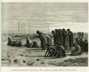 La preghiera del Moghreb nel Sahara. Incisione di J.Girardet, per illustrare la storia Cinq mois chez les moures nomades du Sahara occidental, nel 1887, di Camille Douls, in le tour du monde 1888, sotto la direzione di Edouard Charton (1807-1890), Hachette da Eugene Alexis Girardet
