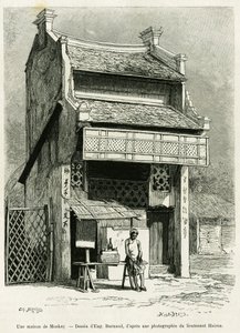 Una casa di scimmie. Incisione di Eugene Burnand, per illustrare la storia Sur les frontières du Tonkin, del Dottor P.Neiss, in le tour du monde 1888, diretto da Edouard Charton (1807-1890), Hachette, Parigi. da Eugene Burnand