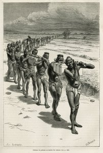 Colonna di portatori attraverso le risaie, tra Bassac e Hue, incisione da un disegno di Eugene Burnand, per illustrare la storia del Laos e delle popolazioni selvagge dell