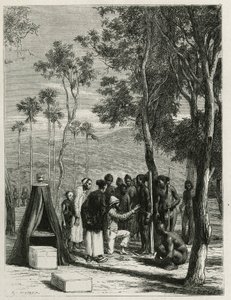 Il dottor Harmand procede a misurazioni antropologiche sugli indigeni Khas, a Attopeu (Laos), incisione di Eugene Burnand, per illustrare la storia del Laos e delle popolazioni selvagge dell
