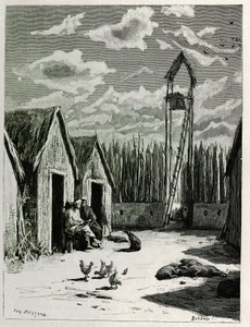 Piazza Missionaria a Meuong Ngan. Incisione di Eugene Burnand, per illustrare la storia "Viaggio nell