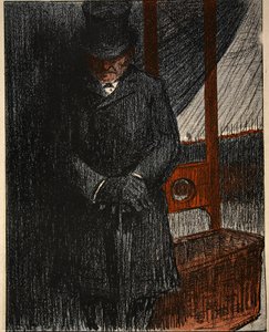 Un impresario funebre attende la sua prossima vittima presso la ghigliottina, illustrazione da 