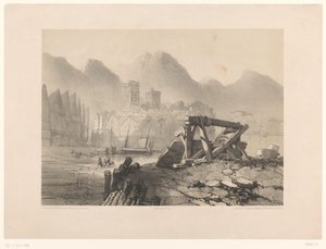 Veduta urbana con porto e montagne
