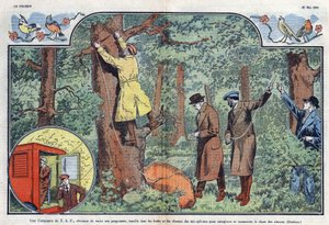 Una compagnia T.S.F. installa microfoni nelle foreste e nei campi per registrare e trasmettere il canto degli uccelli. Illustrazione di Damblans in "Le Pèlerin" del 21 maggio 1933 da Eugene Damblans
