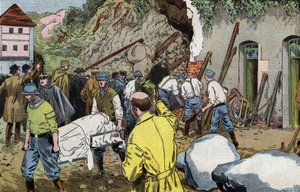 Corpo del generale americano Dunlop morto per aver salvato la signora Briant sotto il crollo delle dipendenze del castello di Fariniere (Francia) disegno di Damblans dal giornale francese 