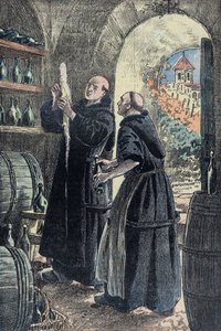 Dom Pierre Perignon (1639-1715), monaco benedettino, inventore del processo di produzione dello champagne. Illustrazione di Damblans