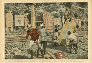 Illustrazione di Eugene Damblans (1865-1945) in Le Pelerin, 03/09/05 - I giapponesi fanno una rivendicazione gigantesca per i prodotti della loro industria lungo le linee ferroviarie con manifesti di varie forme - Pubblicità, Giappone, Ferrovia Treno, Mani