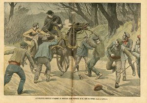 Illustrazione di Eugene Damblans (1865-1945) in Le Pèlerin, 31/01/04 - Gli scioperanti agricoli attaccano il regista di una proprietà di M. Sere de Riviere da Eugene Damblans