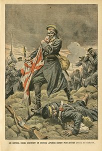 Illustrazione di Eugene Damblans (1865-1945) in Le Pelerin, 01/01/05 - Un caporale russo strappa una bandiera giapponese davanti a Port Arthur - Russia, Giappone, Port Arthur, Guerra russo-giapponese, Combattimento, Fucili - Soldati, Caporale da Eugene Damblans