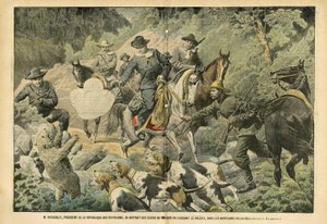 Illustrazione di Eugene Damblans (1865-1945) in Le Pelerin, 02/07/05 - Roosevelt, Presidente degli Stati Uniti, distratto dalle preoccupazioni del potere cacciando orsi grizzly nelle Montagne Rocciose - America USA, Caccia USA, Montagne Rocciose - Cane, Or da Eugene Damblans