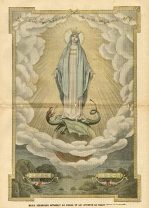 Illustrazione di Eugene Damblans (1865-1945) in Le Pelerin, 04/12/04 - Maria immacolata appare al mondo e porta salvezza - Religione Fede, Cattolico Cattolicesimo - Immacolata concezione - Maria, Drago - Nuvole - Terra da Eugene Damblans