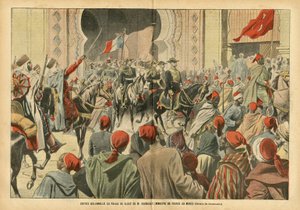 Illustrazione di Eugene Damblans (1865-1945) in Le Pelerin, 20/10/07 - Ingresso solenne al Palazzo di Rabat da parte del Sig. Regnault, Ministro di Francia in Marocco - Colonizzazione, Architettura urbanistica, Marocco, Visita ufficiale da Eugene Damblans