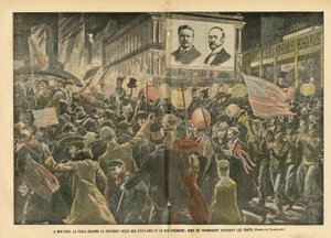 Illustrazione di Eugene Damblans (1865-1945) in Le Pèlerin, 20/11/04 - A New York, la folla acclama il presidente rieletto degli Stati Uniti e il vicepresidente, la cui trasparenza riproduce i tratti da Eugene Damblans