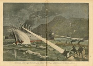 Illustrazione di Eugene Damblans (1865-1945) in Le Pelerin, 21/02/04 - Attacco con siluri giapponesi alle navi russe prima della dichiarazione di guerra - Russia, Giappone, Marina Marittima, Porto Arthur, Guerra russo-giapponese, Navi da guerra
