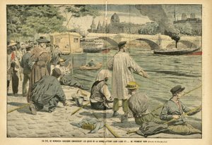 Illustrazione di Eugene Damblans in Le Pelerin, 23/06/05 - In estate, molti parigini invadono le rive della Senna e lanciano la loro lenza e... non prendono nulla da Eugene Damblans