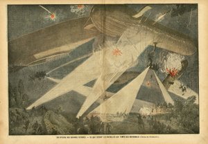 Illustrazione di Eugene Damblans (1865-1945) in Le Pelerin, 24/11/07 - Un episodio delle guerre future - Come saranno le battaglie al tempo dei dirigibili - Guerra, Palloni dirigibili zeppelin aerostazione, Notturno, Combattimento da Eugene Damblans