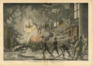 Illustrazione di Eugene Damblans (1865-1945) in Le Pelerin, 26/06/04 - La chiesa di Suresnes, vicino a Parigi, è bruciata dagli Apache - Fatti vari, Religione Fede, Insicurezza, Cattedrale Chiese, Incendio, Suresnes, Cattolico Cattolicesimo - Apache da Eugene Damblans