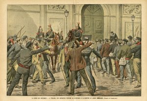 Illustrazione di Eugene Damblans (1865-1945) in Le Pèlerin, 26/11/05 - Lo sciopero degli arsenali a Tolone, i grevisti cercano di opporsi all