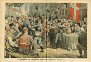 Illustrazione di Eugene Damblans (1865-1945) in Le Pelerin, 27/08/05 - Le elezioni norvegesi, in mezzo all
