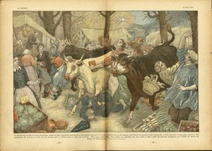 Illustrazione di Eugene Damblans (1865-1945) in Le Pelerin, 28/03/37 - La grande fiera annuale di Lezay vicino a Niort - Fatti vari, Economia, Folla, Negozi, Agricoltura, Legumi - Mucca, Manzo, Venditore ambulante da Eugene Damblans